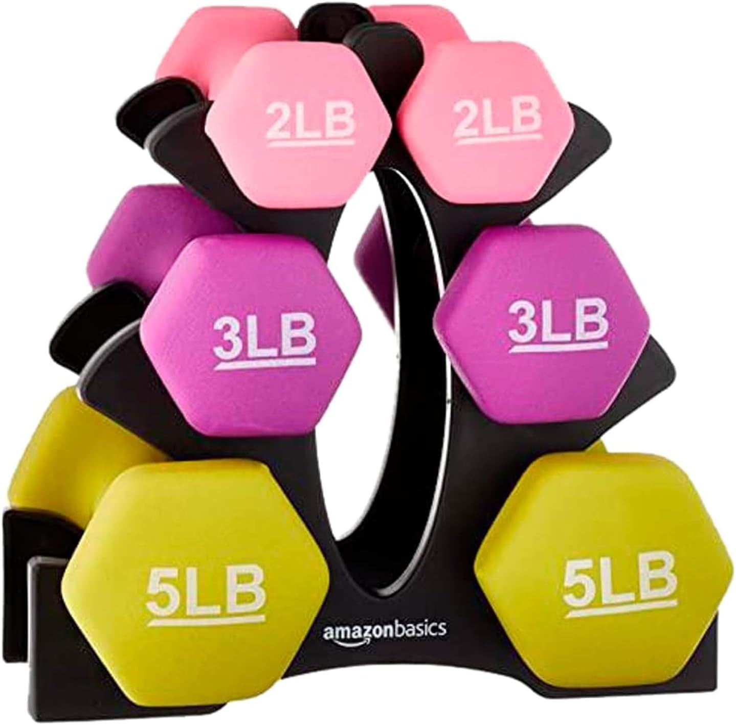 Amazon Basics Dumbbell Set with Rack – Neoprene Weights 2LB 3LB 5LB | Home Workout Equipment