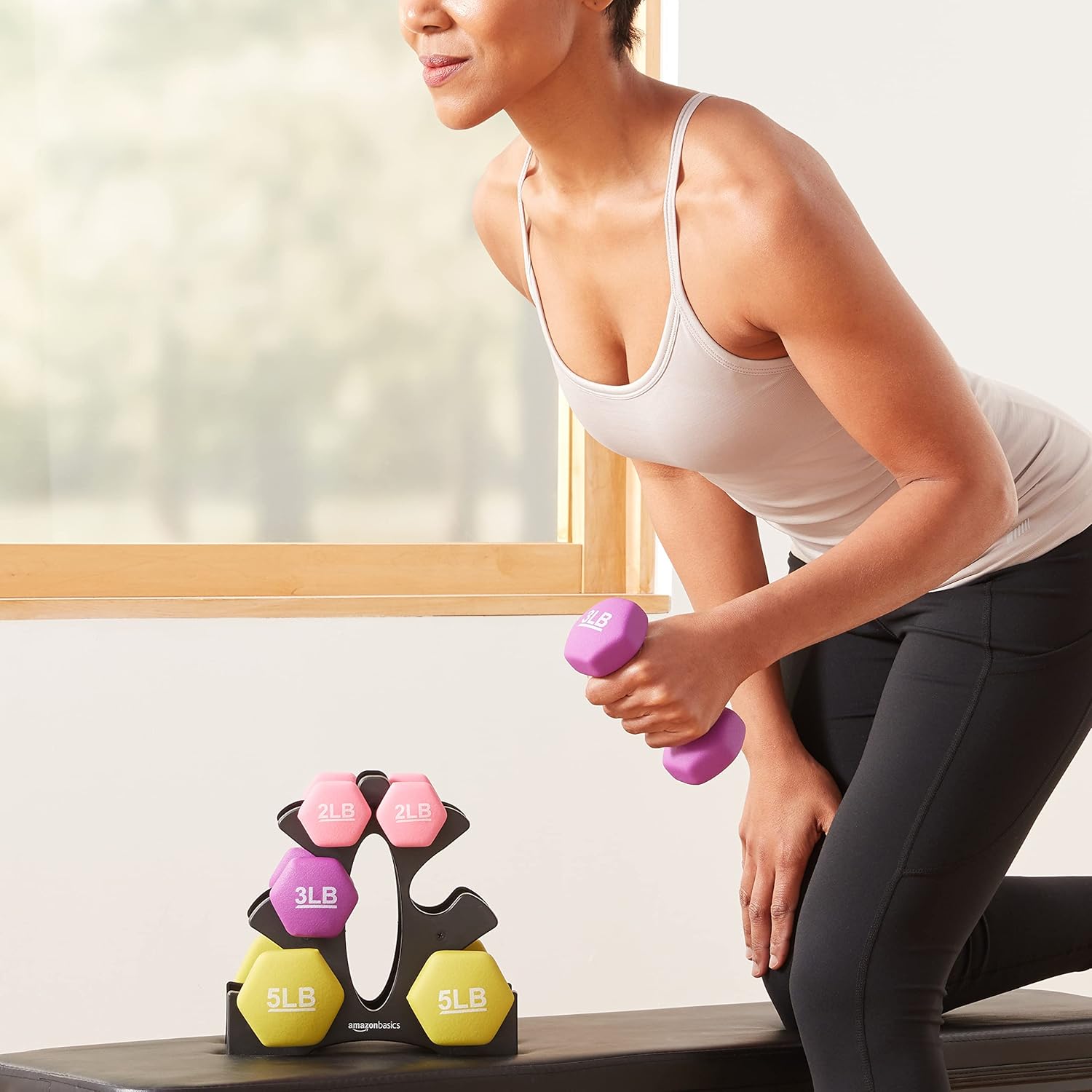 Amazon Basics Dumbbell Set with Rack – Neoprene Weights 2LB 3LB 5LB | Home Workout Equipment