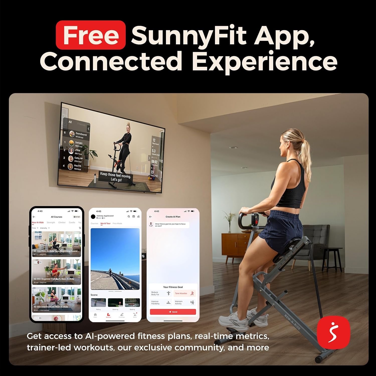 Sunny Health & Fitness Row-N-Ride Squat Assist Trainer – Foldable Home Gym Equipment