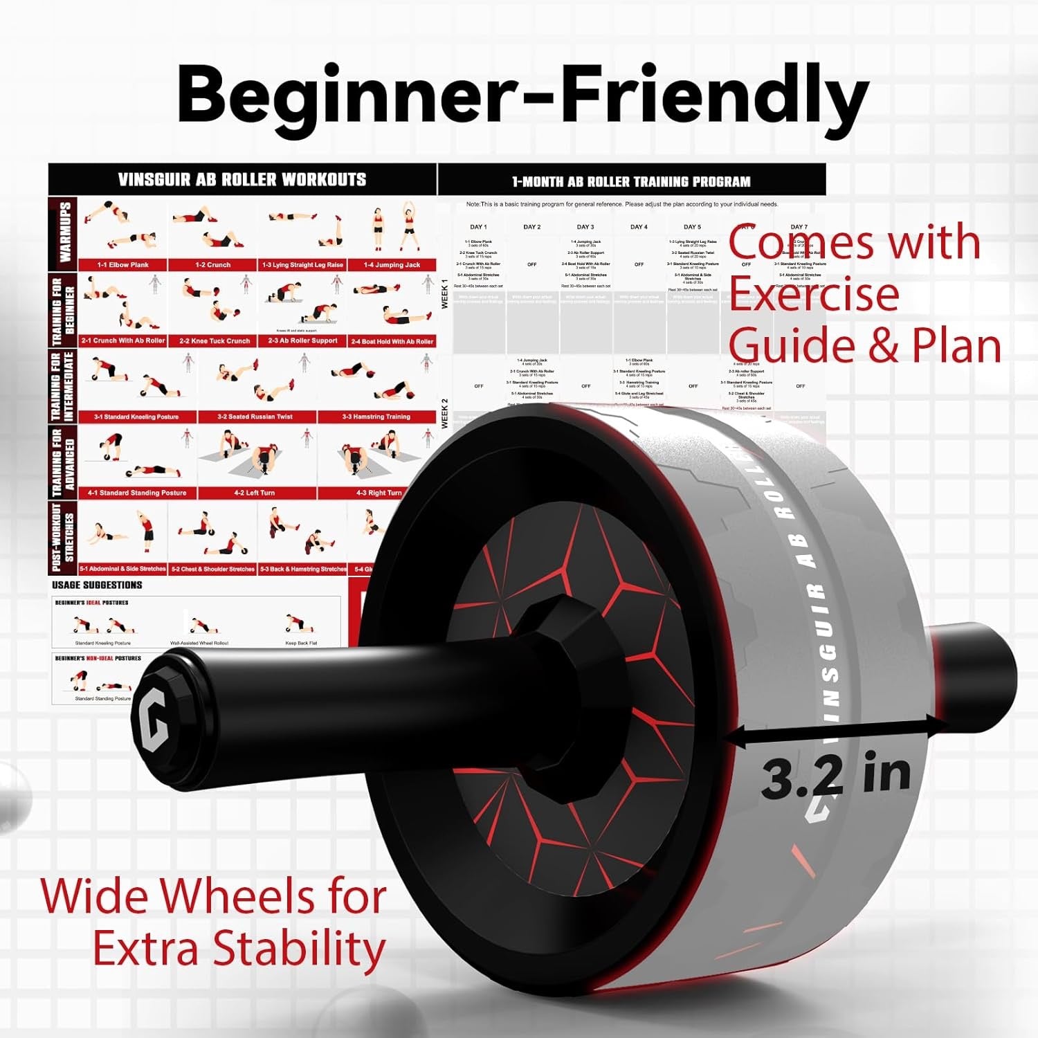 Vinsguir Ab Roller Wheel with Knee Pad – Core Workout Equipment for Home Gym & Full Body Training