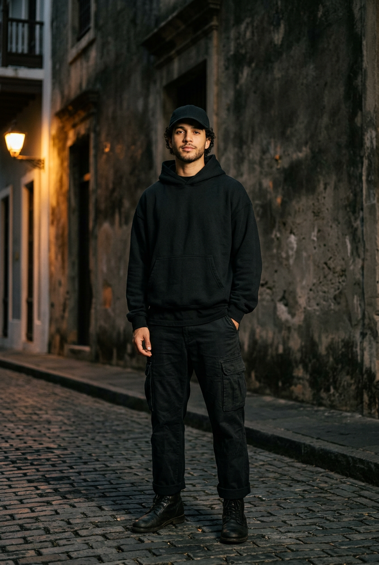 Man in a black hoodie, cargo pants and cap on an Old San Juan street