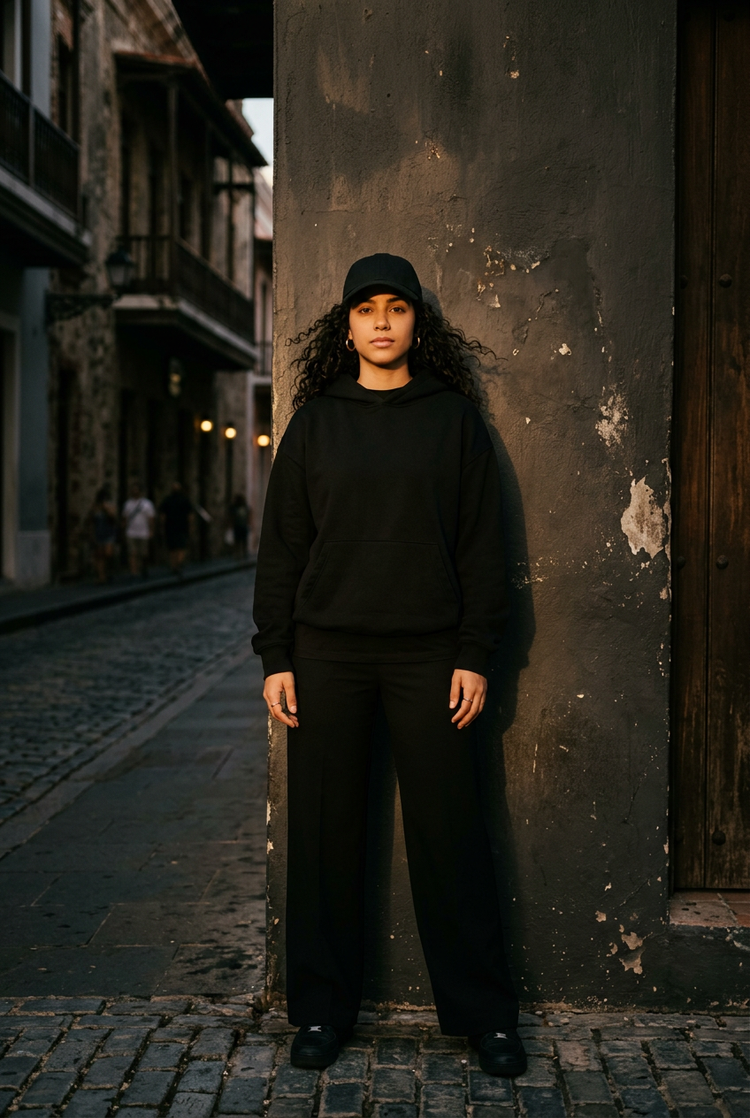 Woman in a black hoodie, wide-leg pants and cap on an Old San Juan street