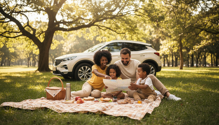 Happy family next to their vehicle in Puerto Rico