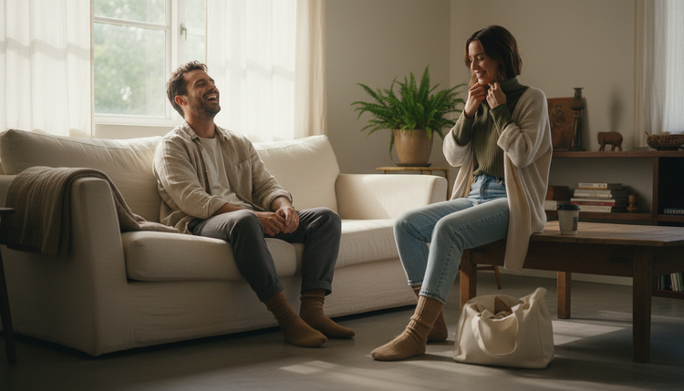 Young couple wearing casual clothing in earth tones