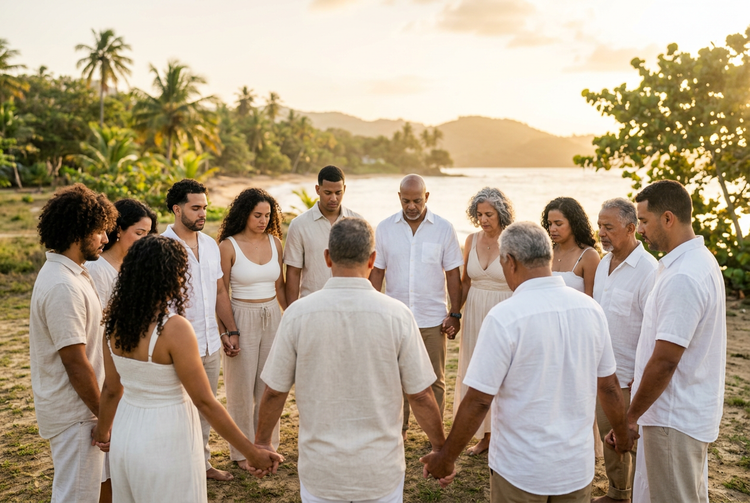 Group of people praying together holding hands at sunset in Puerto Rico